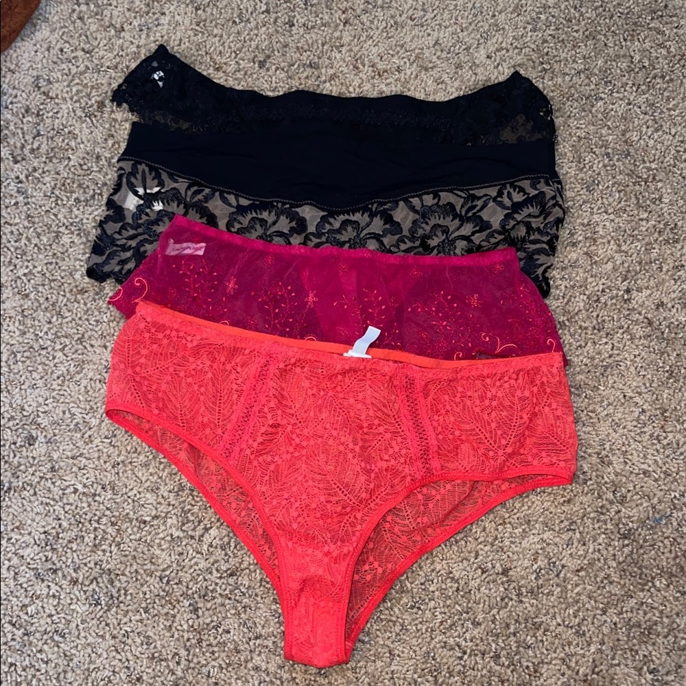 Lace Trimmed Panties Set - Pink, Red, Black